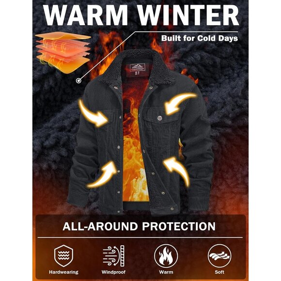 Mens Dark Grey Corduroy Jacket Sherpa Lined Warm Winter Trucker Cargo Coat - Picture 2 of 7